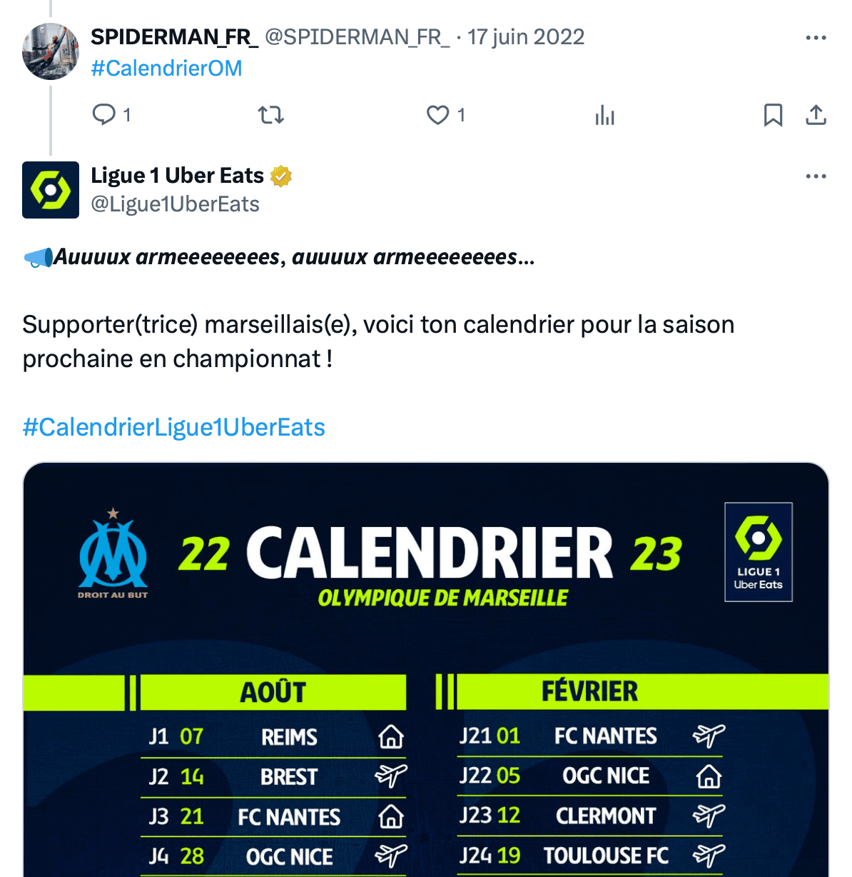 Capture d'écran du calendrier de l'OM.