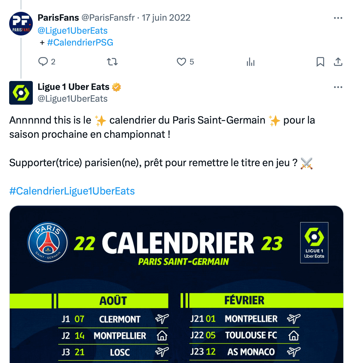 Capture d'écran du calendrier du PSG.