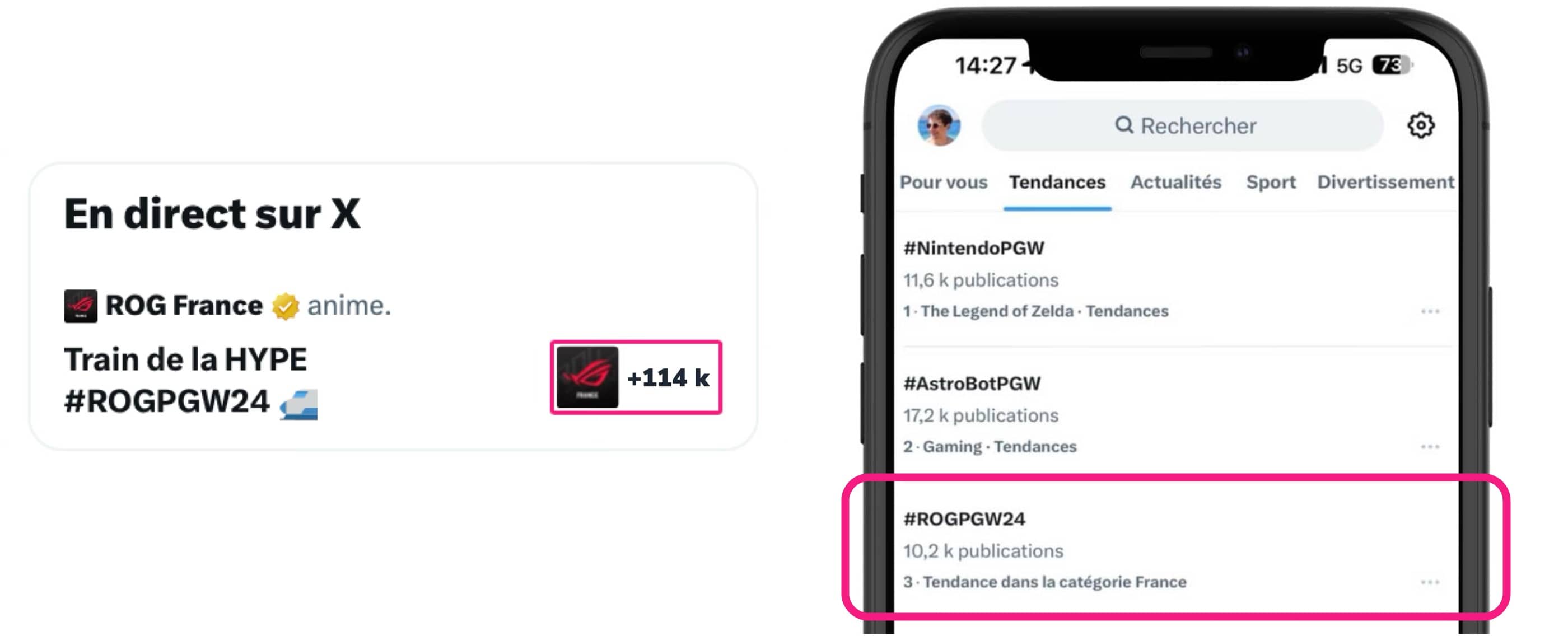 Screenshot of ROG x Pickaw Live in Twitter top trends for France.